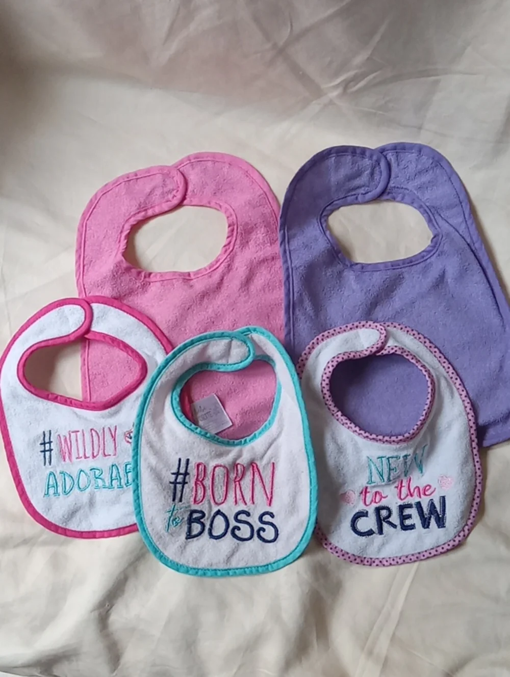 Baby Bib Set - Pink & Purple Terry Bibs with White Embroidered Accent
